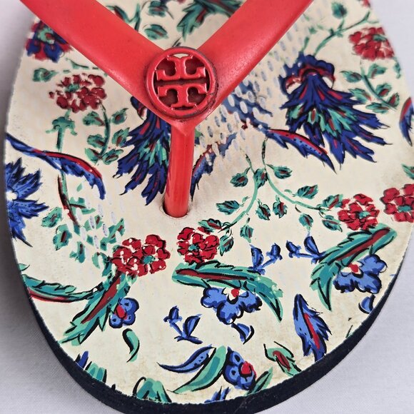 Tory Burch Size 8.5 Red Thong Flip Flop Sandals Floral Footbed Rubber - Picture 3 of 11